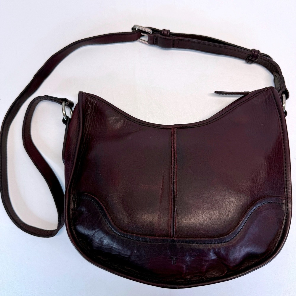 Frye Cara Saddle Bag Leather Shoulder Bag Adjustable Strap Dark Burgundy Red